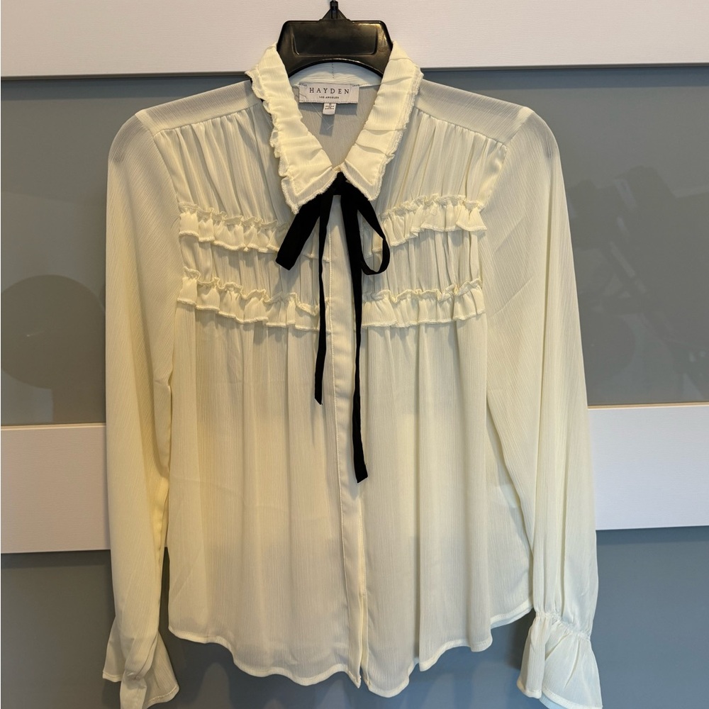 Hayden Cream Blouse with Black Tie Detail